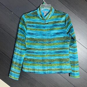 Analogy Womens‎ Striped Crinkle Zip Jacket Size S Blue Green Stretch NWT VTG